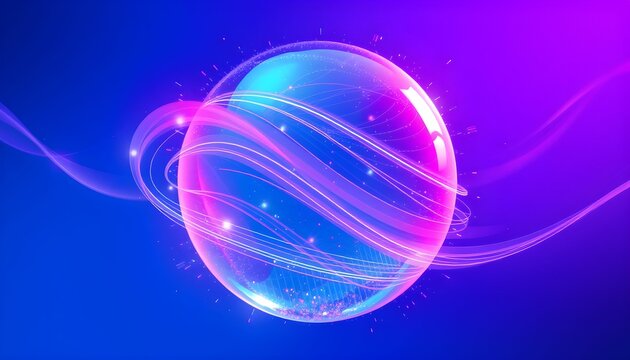 Abstract glowing sphere with swirling light trails against a vibrant blue and purple gradient background.