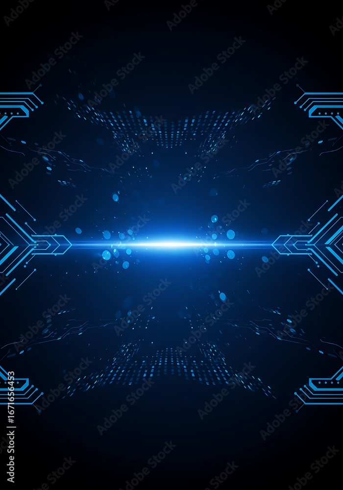 Poster abstract digital tunnel of glowing blue light and circuit patterns.