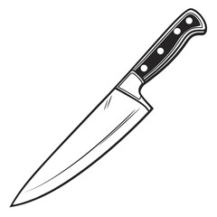 A sharp chef s knife with a black handle and silver blade shown from the side on a white background