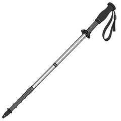 A single adjustable hiking or trekking pole with a comfortable grip and wrist strap isolated on white