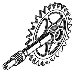 Detailed black and white illustration of a bicycle crankset with a single chainring and crank arm