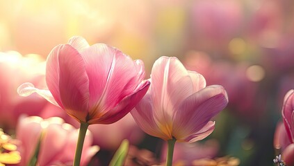 Obraz premium Delicate pink tulips bathed in warm sunlight, showcasing soft petals and a gentle spring mood.