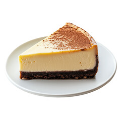 Delicious slice of creamy cheesecake with chocolate crust and cocoa topping, served on a clean white plate against a black backdrop on transparent background