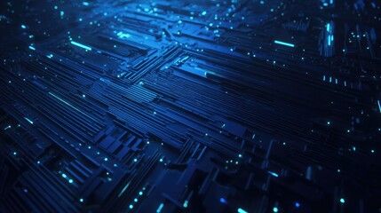 Complex blue tech grid bright spots and lines recede in perspective