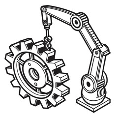 Industrial robotic arm precisely placing a large gear into position for manufacturing assembly