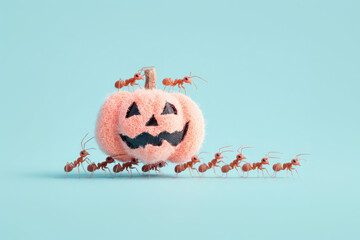 Ants carry Halloween jack o lantern pumpkin on their backs. Ai generative art