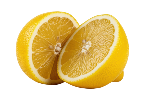 Vibrant sliced lemon, two offset halves revealing glistening juice vesicles, wet pulp, and yellow zest, on transparent background. Concept of fresh citrus and healthy food