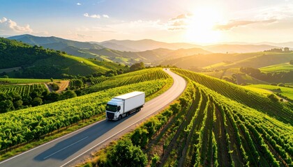 Scenic truck journey through rolling vineyards at golden hour representing global trade travel sustainability agriculture and scenic European landscapes like Italy or France
