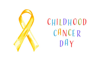 Gold or yellow ribbon on white background with text Childhood Cancer Day. Vector banner template for international childhood cancer awareness month, about hope and faith.