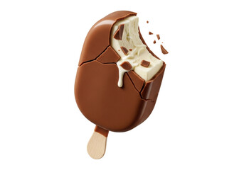Obraz premium Extreme macro of a decadent vanilla ice cream bar with a perfect bite taken out, glossy fractured chocolate shell, melting creamy interior, light wooden stick, isolated on a transparent background,