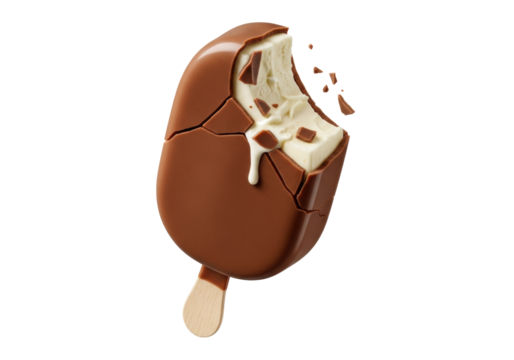 Extreme macro of a decadent vanilla ice cream bar with a perfect bite taken out, glossy fractured chocolate shell, melting creamy interior, light wooden stick, isolated on a transparent background,