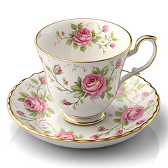 Fototapeta premium Illustration of vintage teacup and saucer with pink rose pattern isolated on white background for elegant tea time