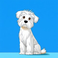 A cute Maltese dog sits quietly, showcasing its fluffy white fur and expressive brown eyes. The playful cartoon style emphasizes its charming features, set against a vibrant blue backdrop.