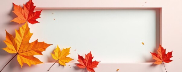 Obraz premium Pastel backdrop, fall elements, white frame, empty space Minimalist autumnal composition , rustic, background, october