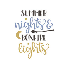 Text art: "SUMMER nights & BONFIRE lights" stacked, stylized fonts, blue, brown, gold, moon, star, marshmallow on stick, white background, whimsical, warm.