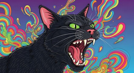 angry cat, screaming cat, black cat, furious cat, graffiti cat, urban cat, retro poster, vector poster, graffiti style, street art, spray paint, spray texture, bold graffiti, urban art, wall backgroun