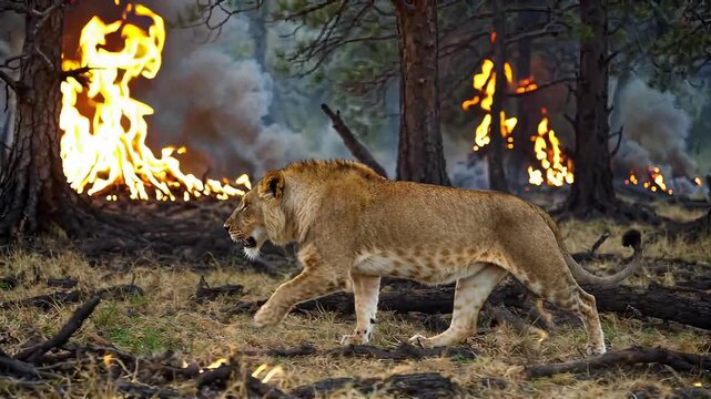 Powerful Lion Escapes Raging Wildfire Amidst Burning Forest Trees and Smoke Environmental Crisis Wildlife Survival