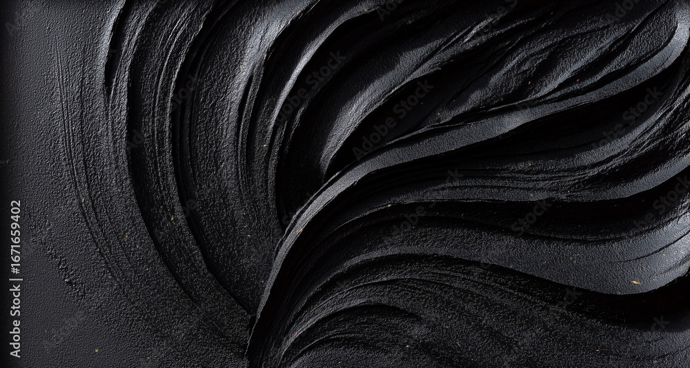 Poster texture of black paint creates intricate patterns on a flat surface during a creative art project in
