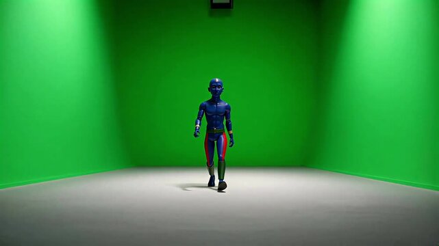 CGI Blue Alien Humanoid Walking in Green Screen Studio for VFX and Animation Project
