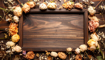 Dried roses frame wooden background