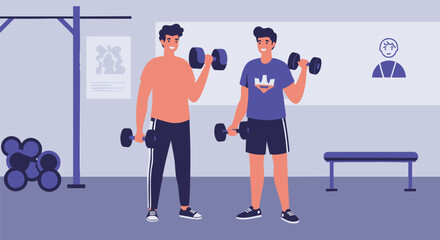 Vector illustration of two male friends exercising together with free weights inside a modern fitness facility