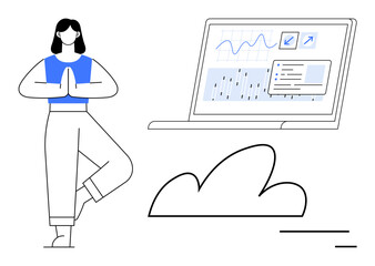 Woman in yoga pose beside laptop displaying charts, graphs, cloud promoting balance. Ideal for technology, health, wellness, work-life harmony, mindfulness, analytics simple landing page
