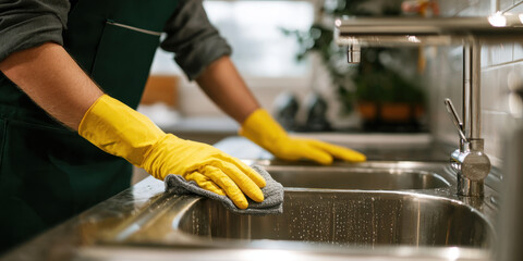 Man wearing yellow gloves cleaning a shiny stainless steel kitchen sink.