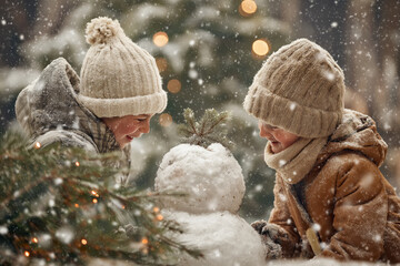 siblings building snowman during cozy winter day.