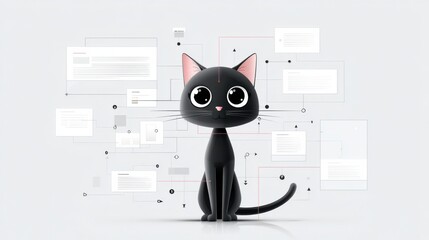 A cute black cat stands upright against a clean white background. This infographic design showcases various body parts with solid rectangular boxes and lines pointing to them, emphasizing details.