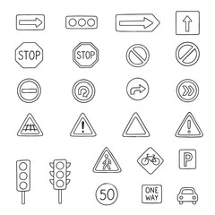 Set of doodle style road sign icons in black and white. Includes stop signs, direction arrows, pedestrian warnings and more for road safety and education. 