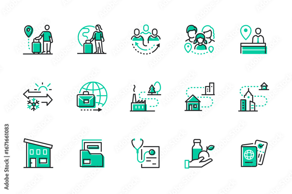 Poster types of migration - set of line design style icons