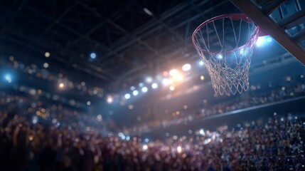 Basketball Championship. Modern Basketball Arena with Rings with Spotlights, Creative Idea. Tournament and Win. Basketball game with full hall of fans on dark background 