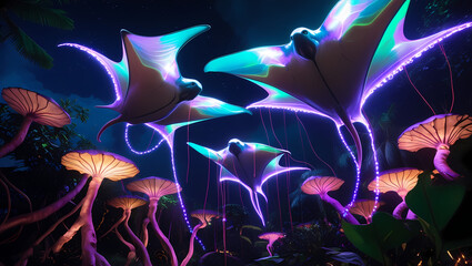 Naklejka premium A fantastical scene featuring bioluminescent manta ray-like creatures floating above a field of glowing mushrooms in a dark, dreamlike environment.