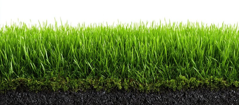 Lush green grass close-up with visible soil and roots against a white backdrop