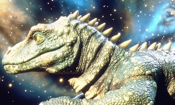 Dino monster in space, still from a horror the 80s.