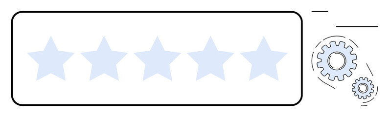 Five stars representing quality evaluation next to interlocking gears symbolizing system processes. Ideal for feedback, reviews, ratings, quality control, customer satisfaction, innovation, simple