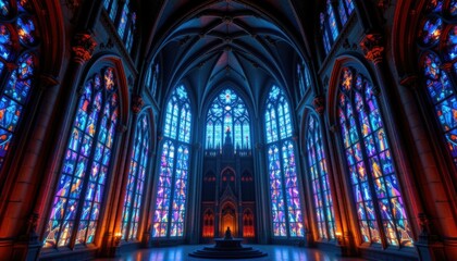 Immersive gothic cathedral with stained glass windows glowing with animated holographic patterns