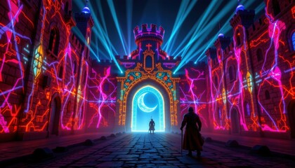 Immersive medieval castle walls illuminated with neon laser projections