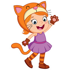Cute Little Girl in Cat Costume Halloween Vector Illustration
