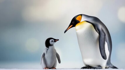 Adult emperor penguin with chick on snowy terrain in natural habitat. Mother's Day, Mothering Sunday, Dia de la Madre - Global Maternal Celebration, Worldwide Family Holiday - Powered by Adobe
