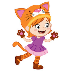 Cute Little Girl in Cat Costume Halloween Vector Illustration