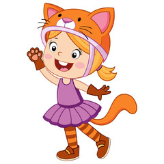 Cute Little Girl in Cat Costume Halloween Vector Illustration