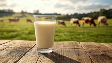 Fresh milk from pitcher into the glass with grass field and cows with a natural background,fresh milk ad template banner,Cows live on natural pastures, packaging with milk packs concept.