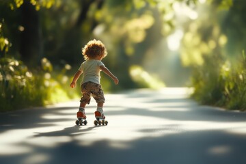 Fototapeta premium Child enjoying roller skating on a sunny path surrounded by greenery in late afternoon