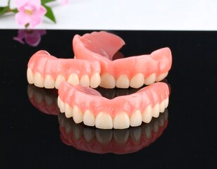 Obraz premium Three pink dentures rest on a reflective black surface