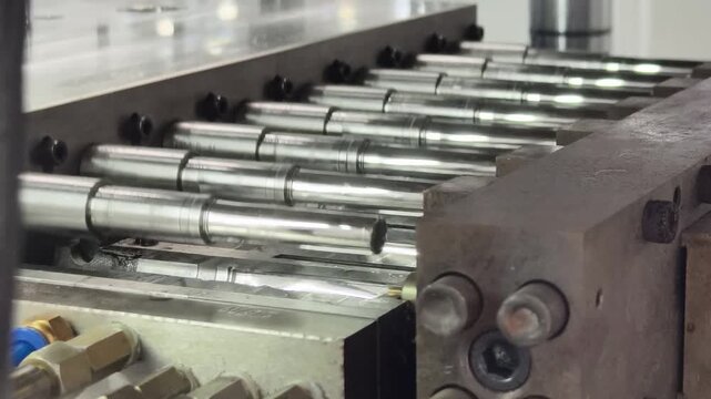 A close-up view of the inherent machinery components being produced on a plastic molding machine