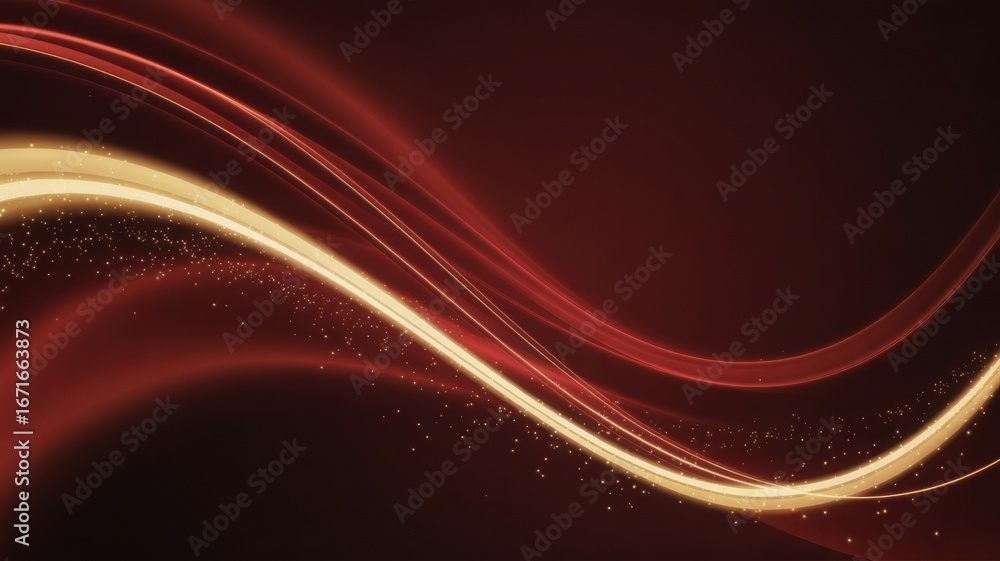 Aufkleber abstract background with flowing golden and red light streaks and sparkling particles on a dark red 