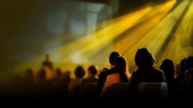 Startup fundraising event audience watching presentation stage with yellow light beams dark room creating inspiring atmosphere