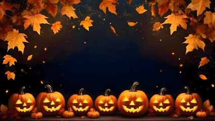 Carved pumpkins displayed in a row on a wooden table, glowing with candlelight to represent seasonal autumn holidays and traditional Halloween celebrations with copyspace