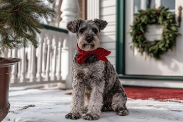 A dog sitting on snow-dusted porch evergreen wreath on door behind, family holiday vibe